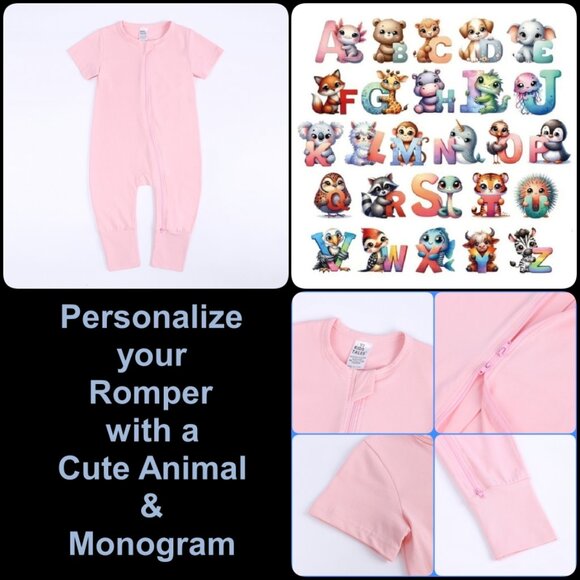 CUTE MONOGRAM-BABY ROMPER-Short Sleeve Double Zipper Cotton Pink 4-Sizes Girl - Picture 1 of 13